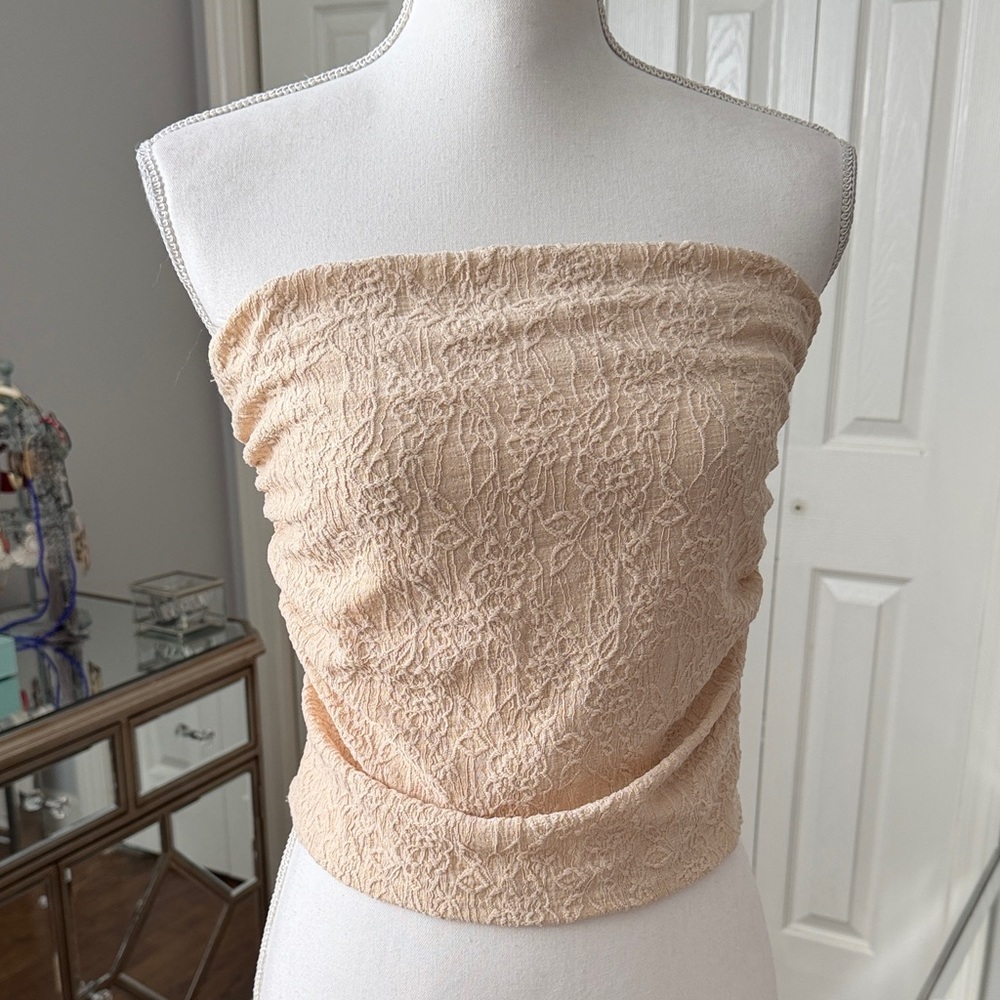 21 Saints Strapless Textured Fabric Ruched Sides Strapless Top - Beige Large